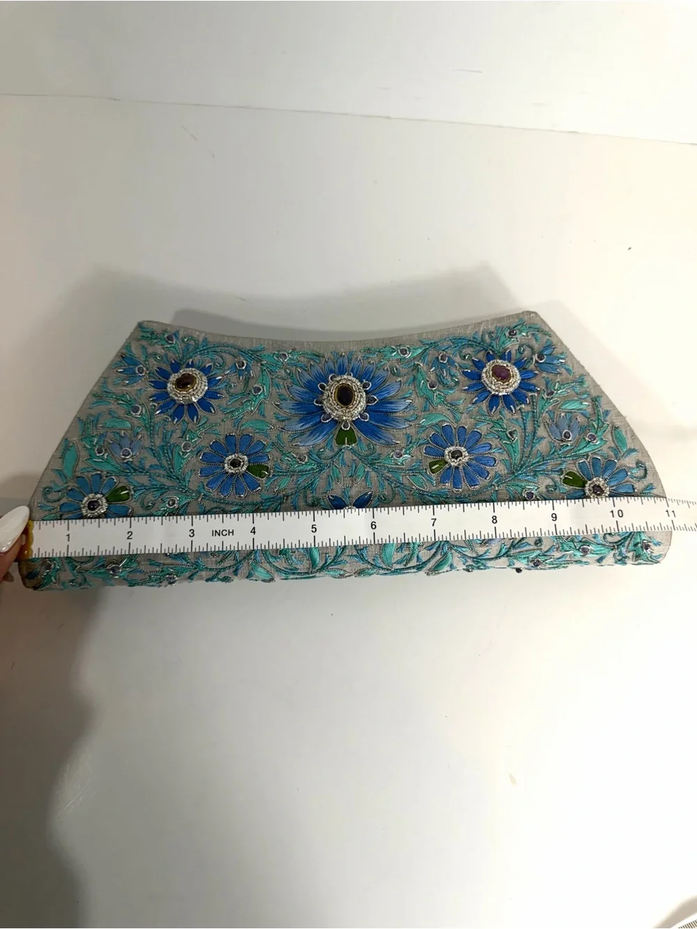 Boutique By Mariam Gray Silk Embroidered Bridal Clutch Amethyst Sapphire Beaded